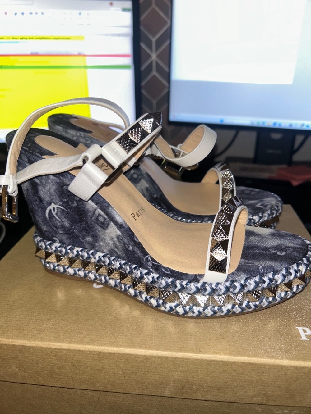 Christian Louboutin Pyraclou 110 Jeans Punk Denim Wedge Sandals EU 39